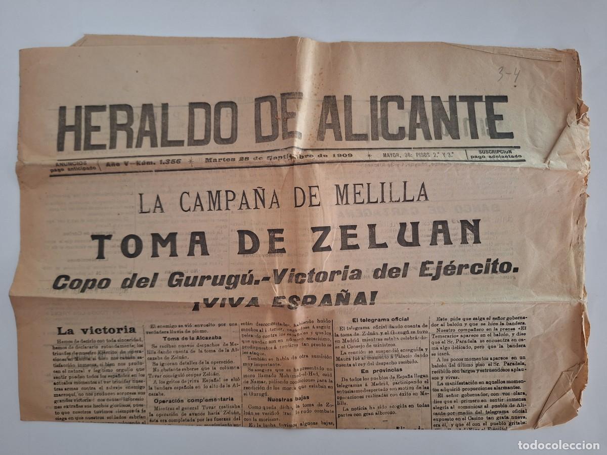 Coleccionismo de revistas y peri&oacute;dicos: PERIODICO HERALDO DE ALICANTE A&Ntilde;O 1909 CAMPA&Ntilde;A MELILLA TOMA ZELUAN COPO GURUGU VICTORIA EJERCITO RV