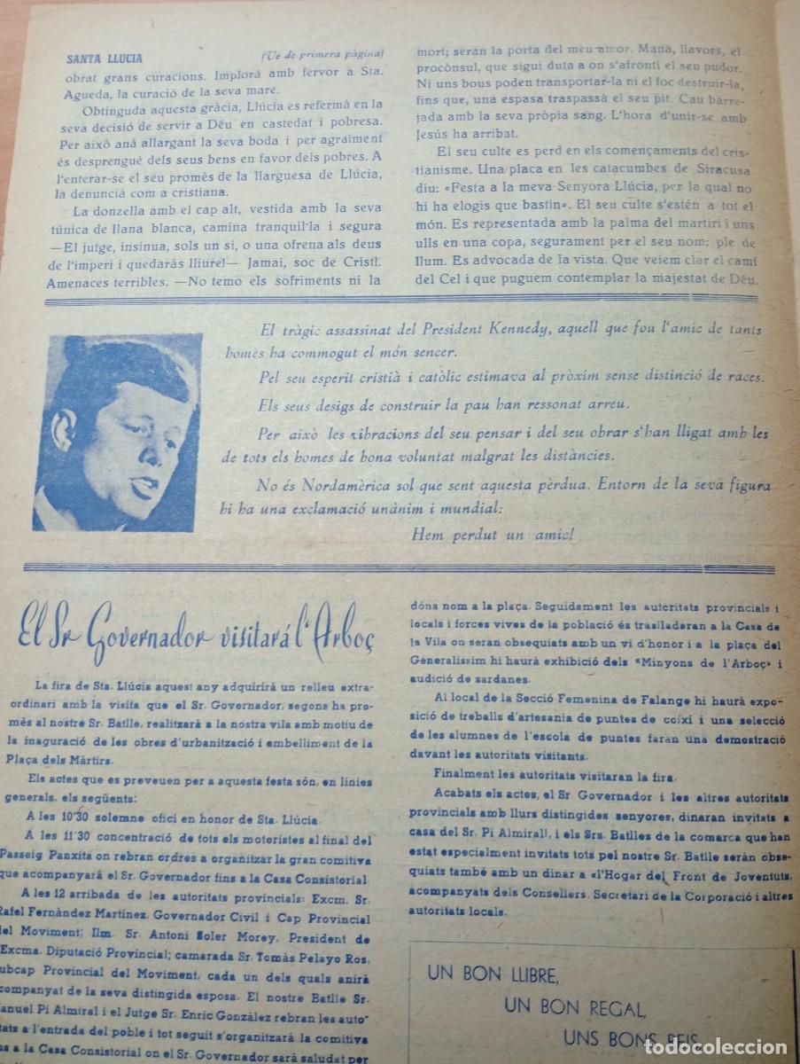 Coleccionismo de revistas y peri&oacute;dicos: FULL PARROQUIAL ANY 1963 DE L'ARBO&Ccedil; ARBOS ASSESSINAT DE KENNEDY
