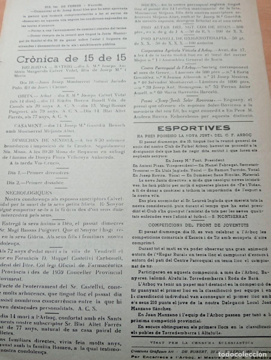 Coleccionismo de revistas y peri&oacute;dicos: FULL PARROQUIAL ANY 1963 DE L'ARBO&Ccedil; ARBOS NOVA JUNTA DE FUTBOL