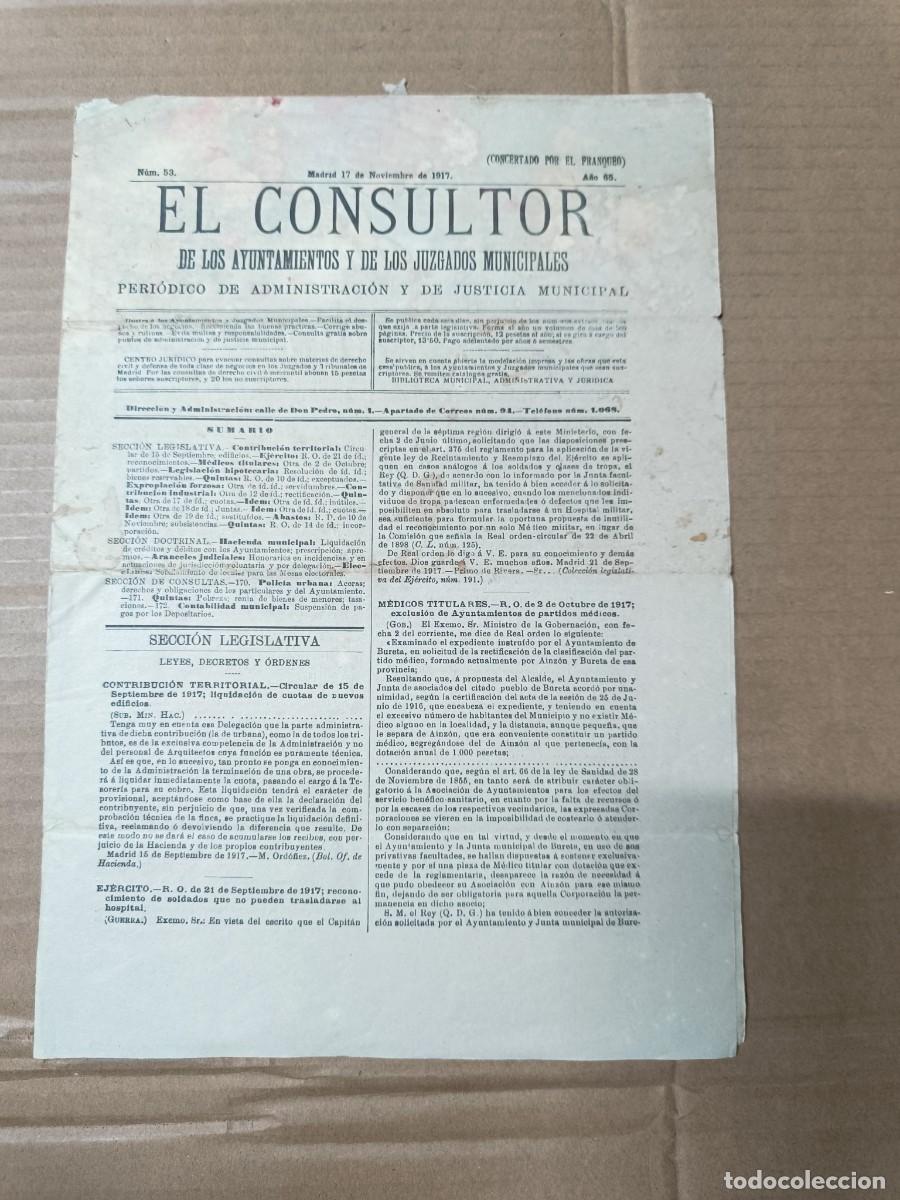 Coleccionismo de revistas y peri&oacute;dicos: ANTIGUO PERIODICO EL CONSULTOR DE AYUNTAMIENTOS Y JUZGADOS MUNICIPALES, 1917, NUMERO 53, MADRID -P27