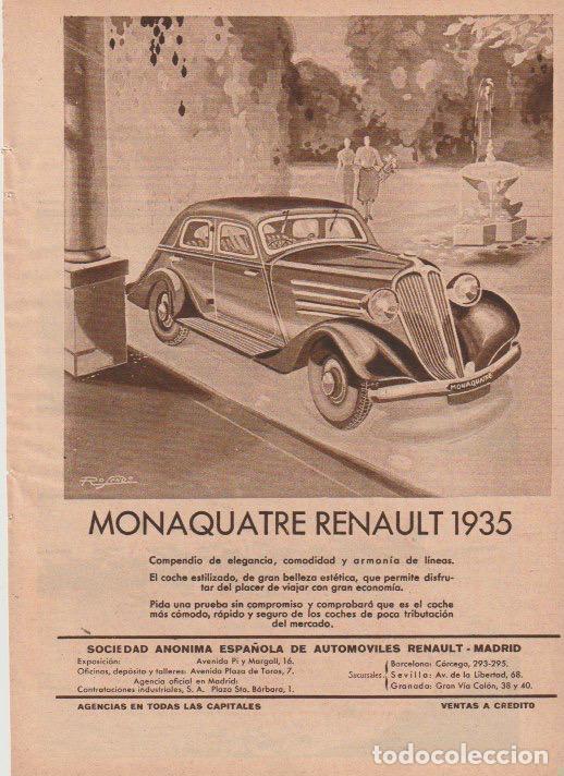 Sammeln von Zeitschriften und Zeitungen: Publicidad autom&oacute;vil MONOQUATRE RENAULT 1935 / dibujo Rosende - 1935