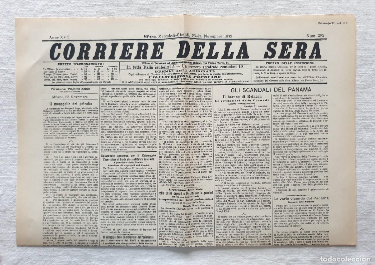 Coleccionismo de revistas y peri&oacute;dicos: Corriere della Sera, 23 y 24 de noviembre de 1892 - Facs&iacute;mil de la primera p&aacute;gina