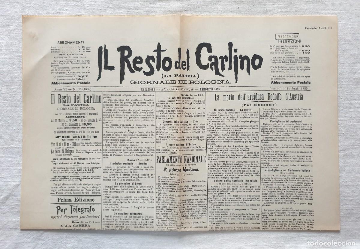 Coleccionismo de revistas y peri&oacute;dicos: Il Resto del Carlino del 1 de febrero de 1889 - Copia facs&iacute;mil de la primera p&aacute;gina