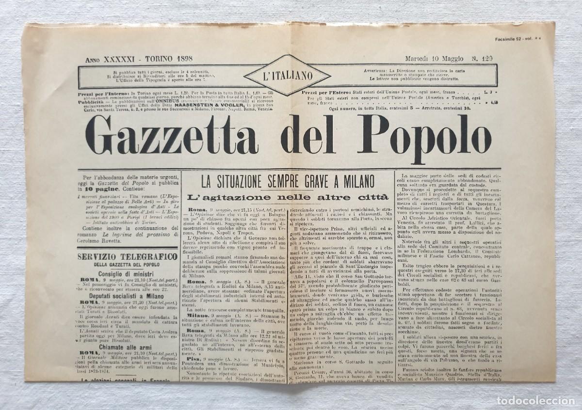 Coleccionismo de revistas y peri&oacute;dicos: Gazzetta del Popolo del 10 de mayo de 1898 - Copia facs&iacute;mil de la primera p&aacute;gina
