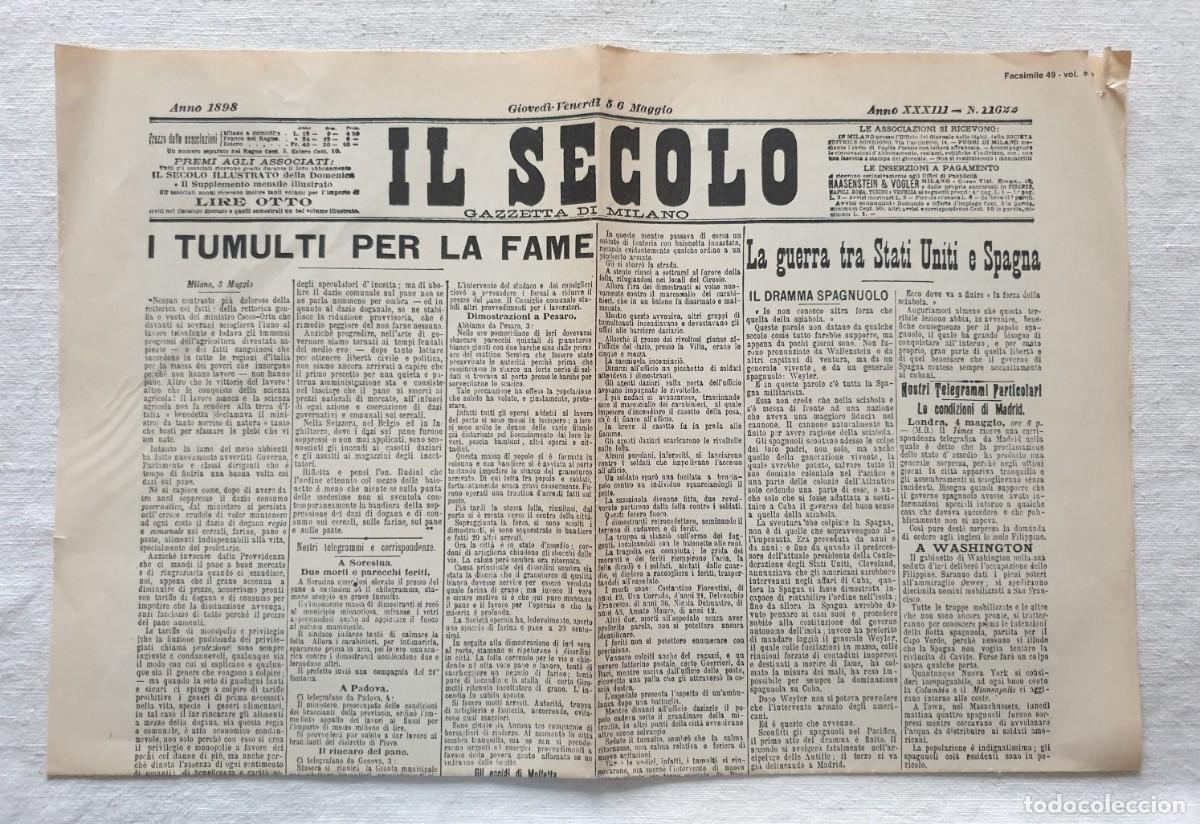 Coleccionismo de revistas y peri&oacute;dicos: Il Secolo Gazzetta di Milano, 5 y 6 de mayo de 1898 - Copia facs&iacute;mil de la primera p&aacute;gina