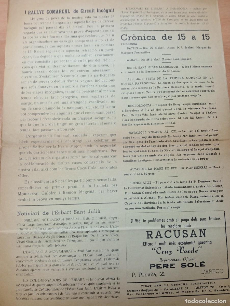 Coleccionismo de revistas y peri&oacute;dicos: FULL PARROQUIAL ANY 1965 DE L'ARBO&Ccedil; MUSEU DEL VI CAVA CASTELLET I RALLYE COMARCAL ESBART SANT JULIA