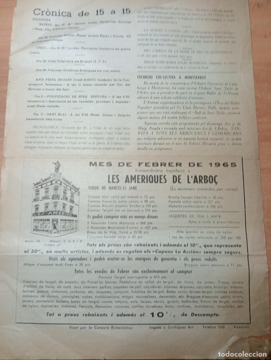 Coleccionismo de revistas y peri&oacute;dicos: FULL PARROQUIAL ANY 1965 L'ARBO&Ccedil; PUBLICITAT ANUNCI LES AMERIQUES DE L'ARBO&Ccedil;