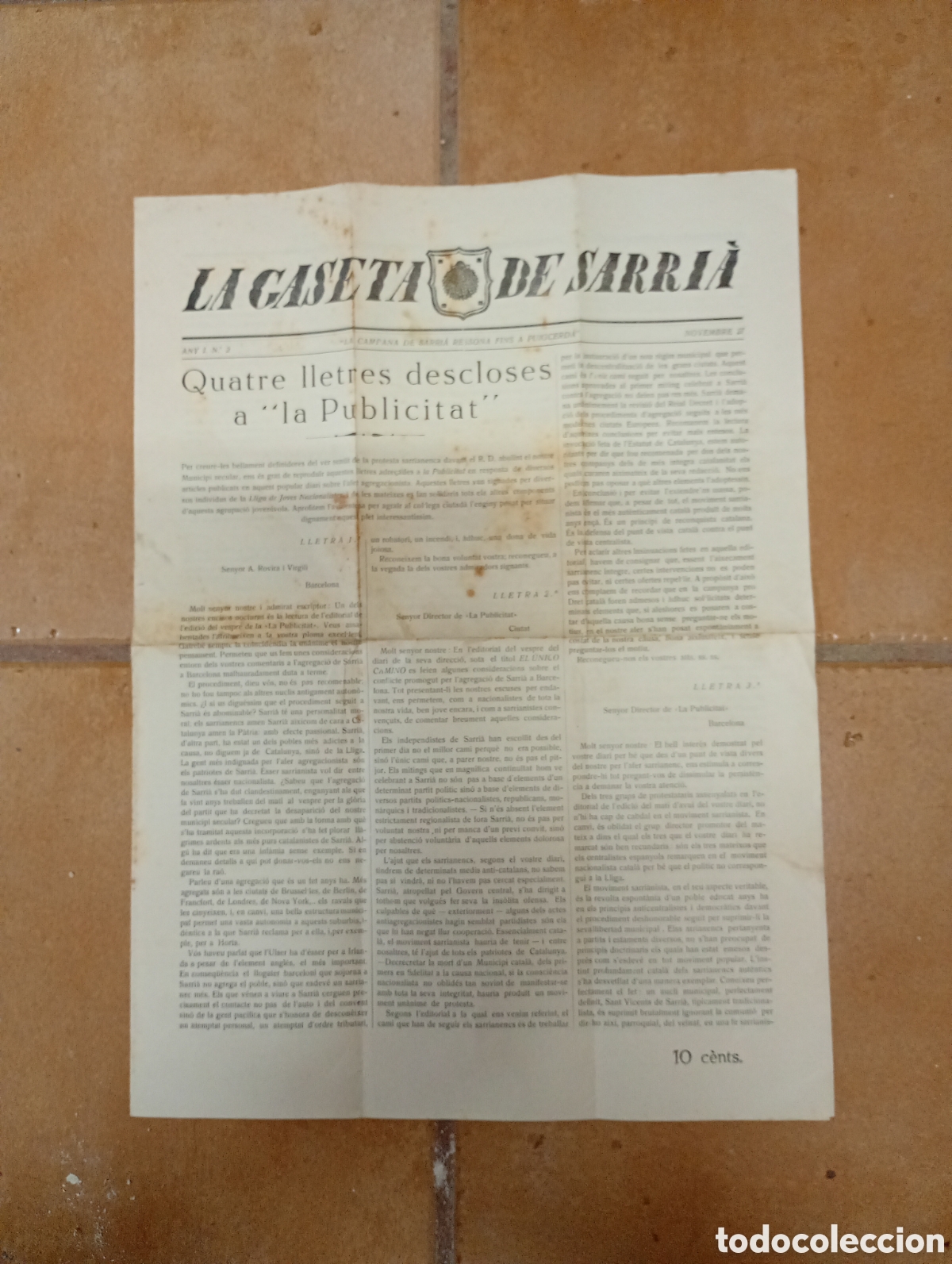 Coleccionismo de revistas y peri&oacute;dicos: SARRI&Agrave; LA GACETA DE SARRI&Agrave; N&ordm; 2 1921 27/11 (text catal&agrave;)