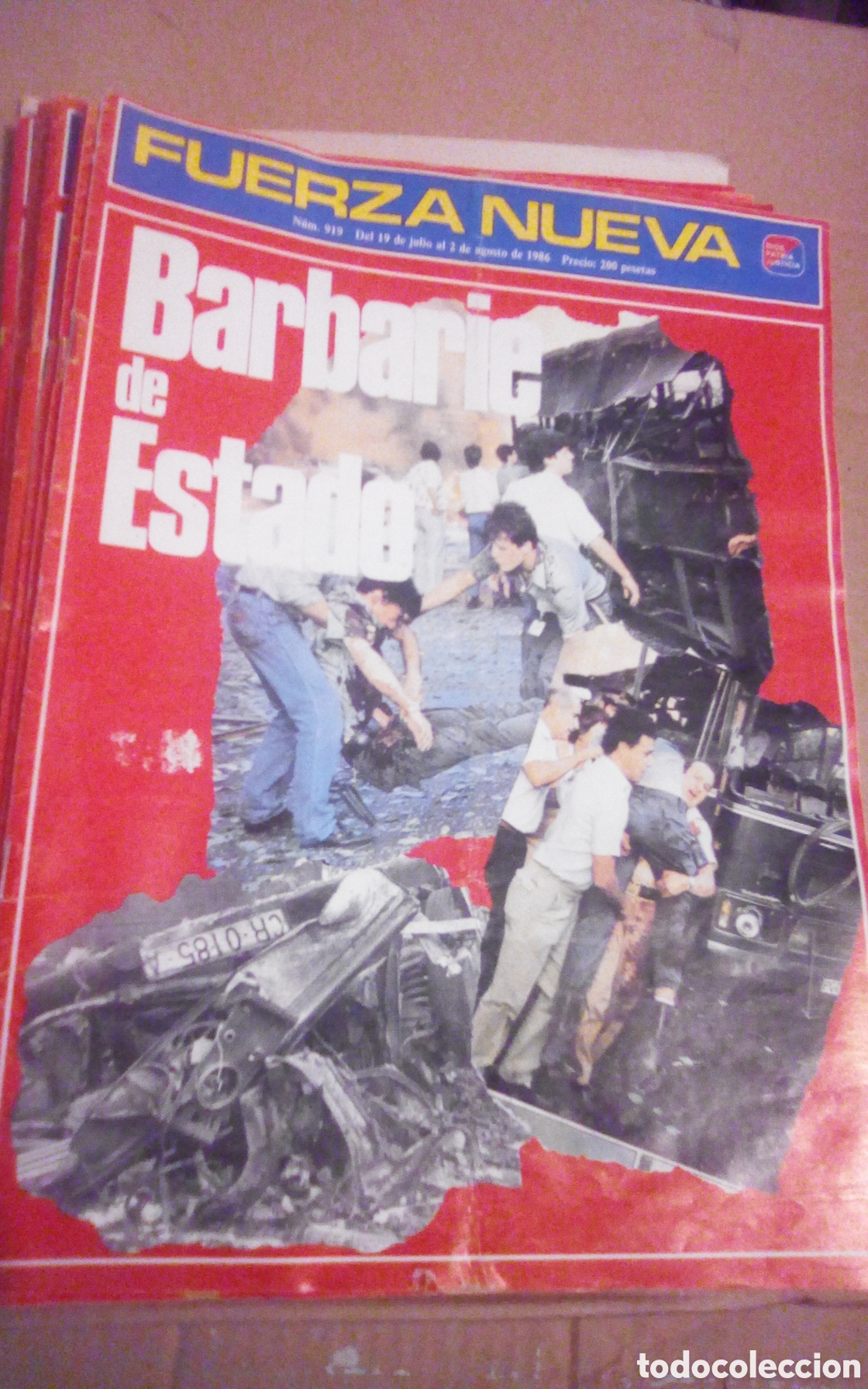 Coleccionismo de revistas y peri&oacute;dicos: Fuerza Nueva, n&deg; 919. A&ntilde;o 1986. Barbarie de estado. Atentado en Madrid contra un autob&uacute;s de guardias