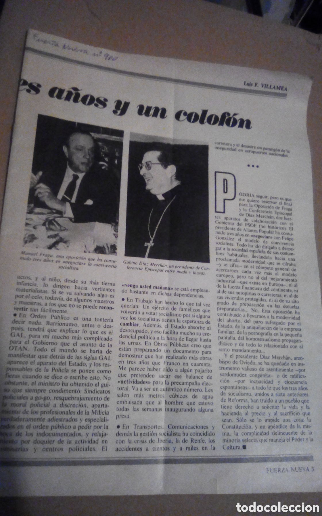 Collectionnisme de Revues et Journaux: Fuerza Nueva, n&deg; 900. A&ntilde;o 1986. Le falta las tapas. Jornadas de CESPE y Fuerza Nueva. Blas Pi&ntilde;ar.