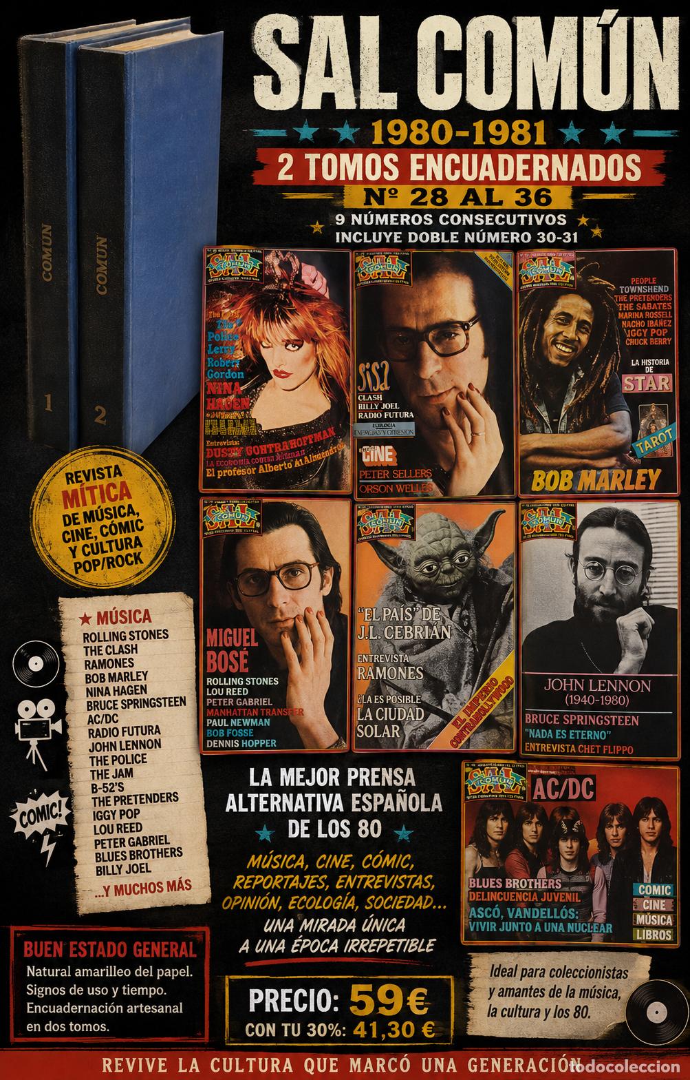 Coleccionismo de revistas y peri&oacute;dicos: SAL COM&Uacute;N | 2 TOMOS ENCUADERNADOS | N.&ordm; 28 AL 36 | 1980-1981 | ROCK, CINE Y CULTURA
