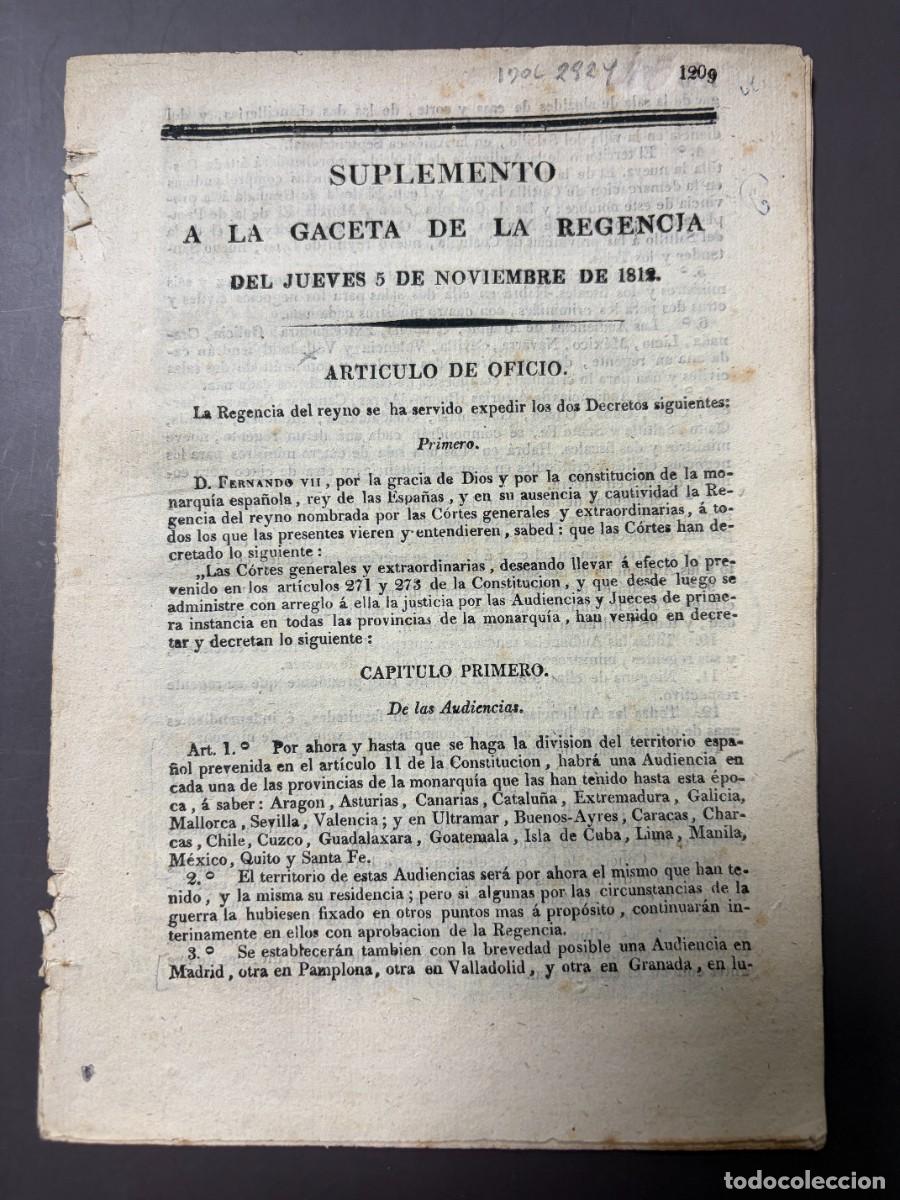 Coleccionismo de revistas y peri&oacute;dicos: SUPLEMENTO A LA GACETA DE LA REGENCIA. 5 NOVIEMBRE 1812. P&Aacute;GS 1209-1224. IMP. REAL