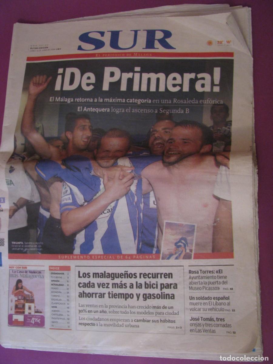 Coleccionismo de revistas y peri&oacute;dicos: SUR. EL PERIODICO. 16 JUNIO 2008. CON SUPLEMENTO ESPECIAL EL ASCENSO DEL MALAGA A LA PRIMERA.
