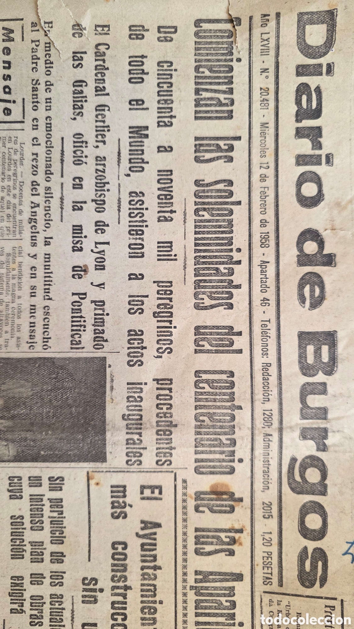 Coleccionismo de revistas y peri&oacute;dicos: Lote prensa antigua: p&aacute;ginas sueltas Diario de Burgos (12, 13 y 16 feb 1958) + 5 pgs prensa &eacute;poca
