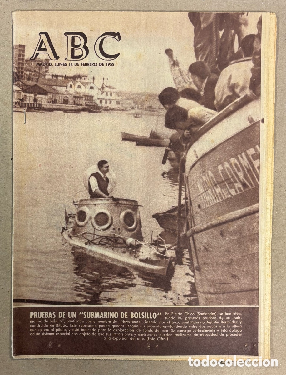 Coleccionismo de revistas y peri&oacute;dicos: ABC (14 DE FEBRERO DE 1955). PRUBA DE UN SUBMARINO EN PUERTO CHICO (SANTANDER),&hellip;