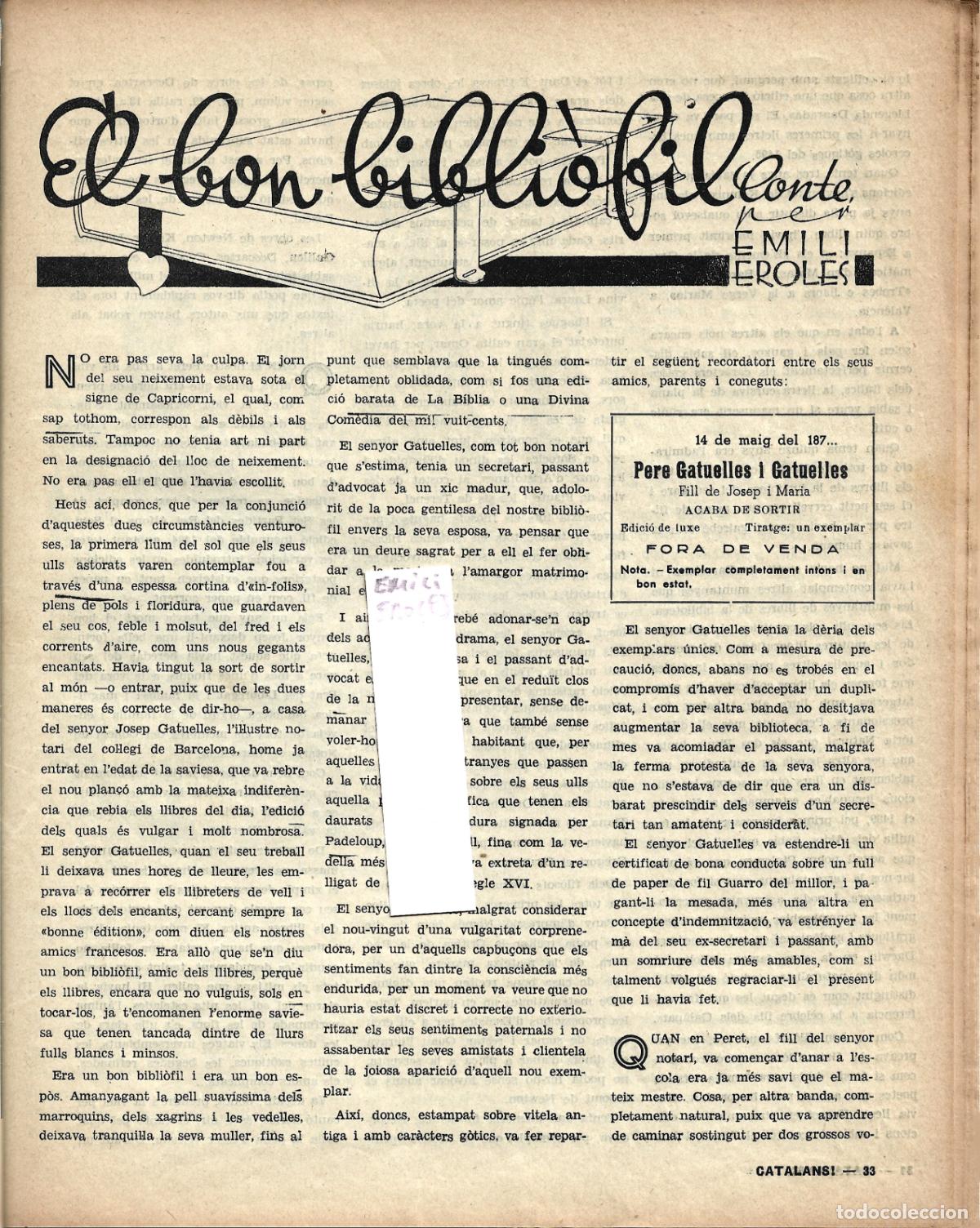 Coleccionismo de revistas y peri&oacute;dicos: BIBLIOF&Iacute;LIA-EL BON BIBLI&Ograve;FIL CONTE PER EL LLIBRETER EMILI EROLES-PUBLICAT AL MAGAZINE CATALANS 1938