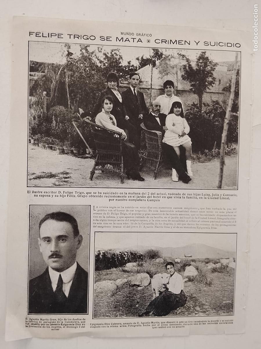 Coleccionismo de revistas y peri&oacute;dicos: hoja a&ntilde;o 1915/1916 - CRIMEN Y SUICIDIO DEL ESCRITOR FELIPE TRIGO