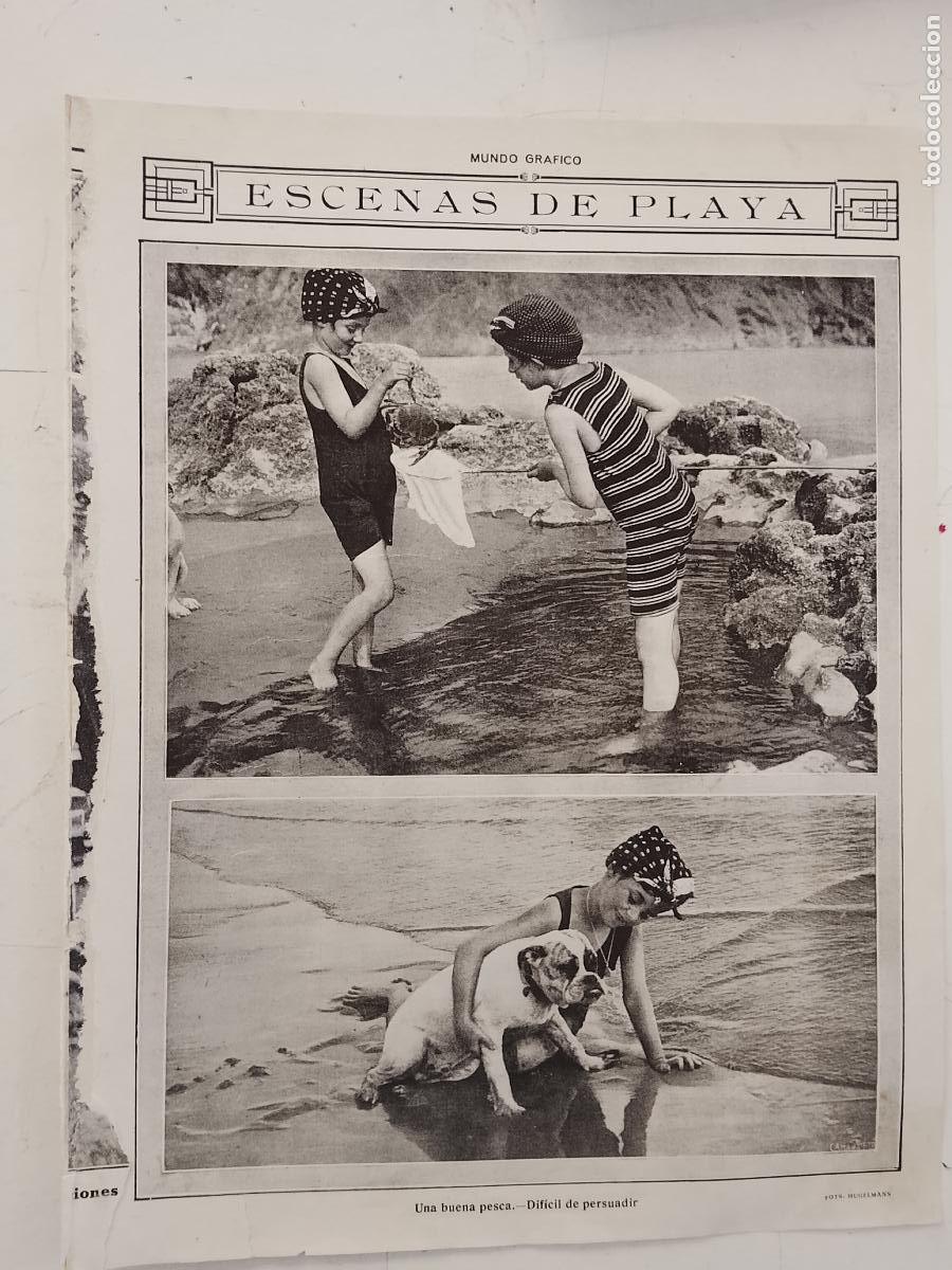 Coleccionismo de revistas y peri&oacute;dicos: hoja a&ntilde;o 1915/1916 - BA&Ntilde;ADORES DE PLAYA DE LA EPOCA NI&Ntilde;AS JUGANDO MARISCANDO Y PERRO