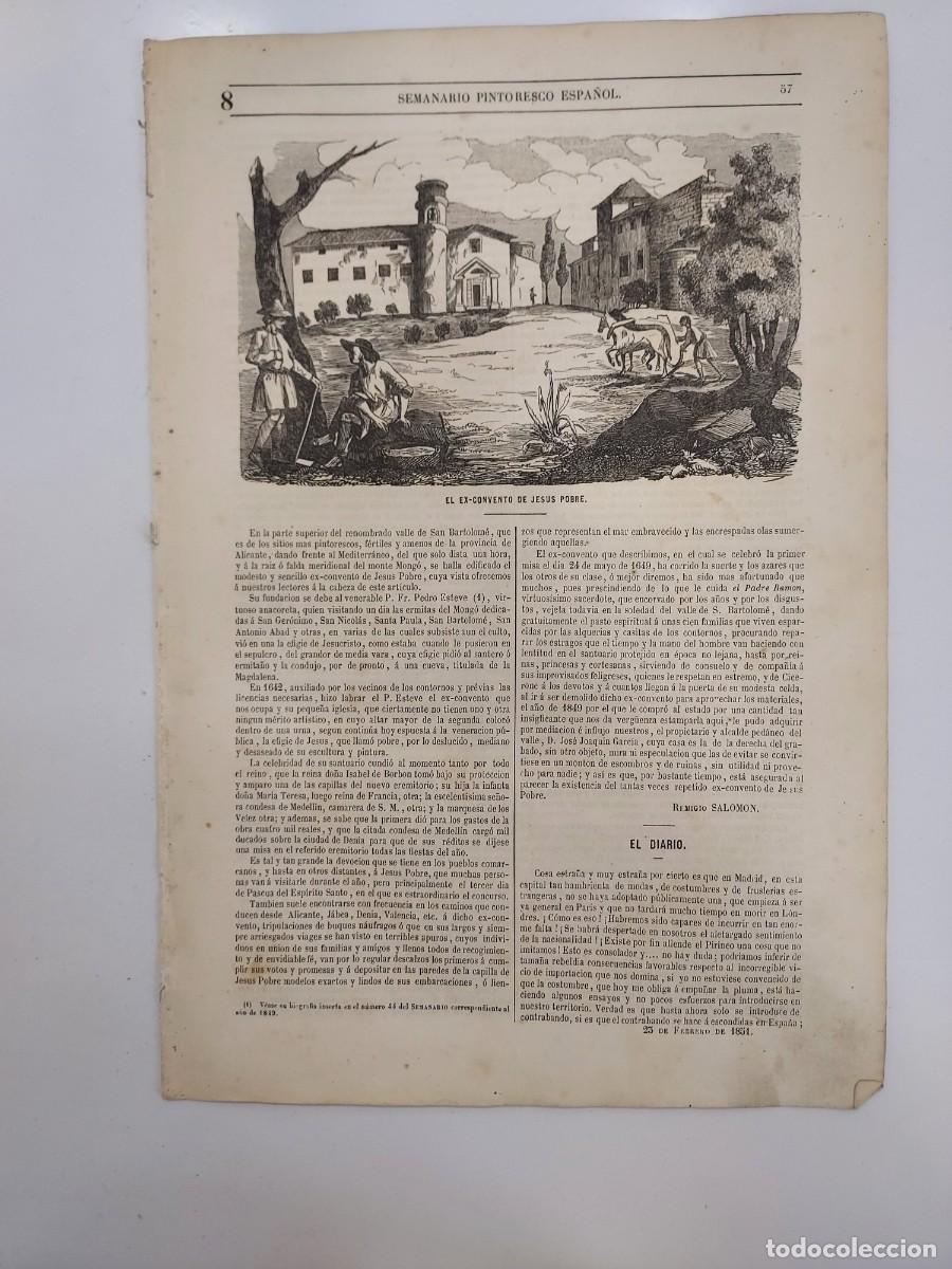Sammeln von Zeitschriften und Zeitungen: SEMANARIO PINTORESCO ESPA&Ntilde;OL 1851 8. CONVENTO JESUS POBRE ALICANTE. DIEGO CERNADAS CASTRO. A GRASSI