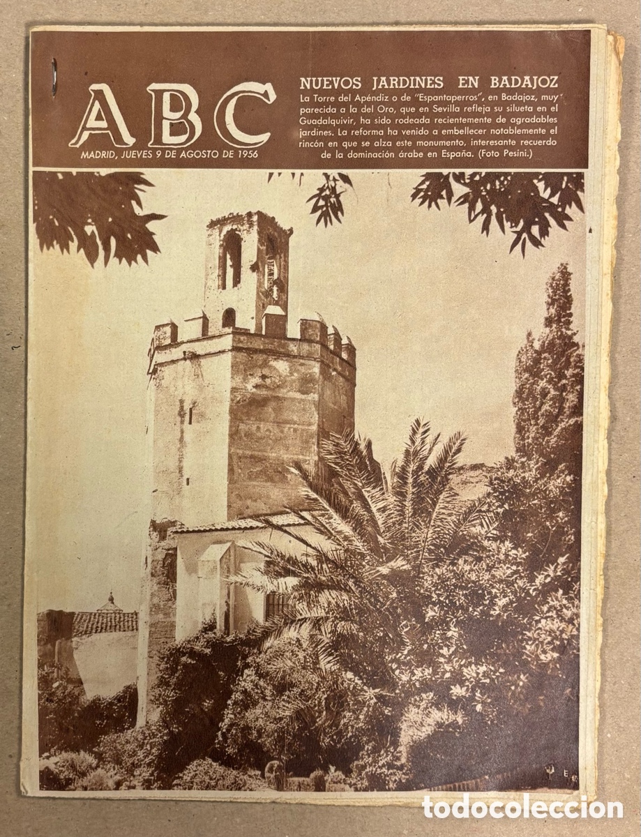 Coleccionismo de revistas y peri&oacute;dicos: ABC (9 DE AGOSTO DE 1956). NUEVOS JARDINES EN LA TORRE DEL APRENDIZ DE BADAJOZ,&hellip;