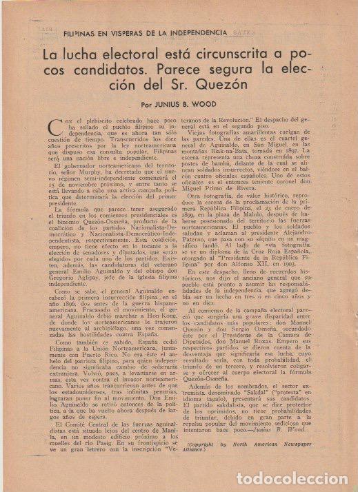 Coleccionismo de revistas y peri&oacute;dicos: * FILIPINAS * La lucha electoral est&aacute; circunscrita a pocos candidatos. / Junius B. Wood - 1935