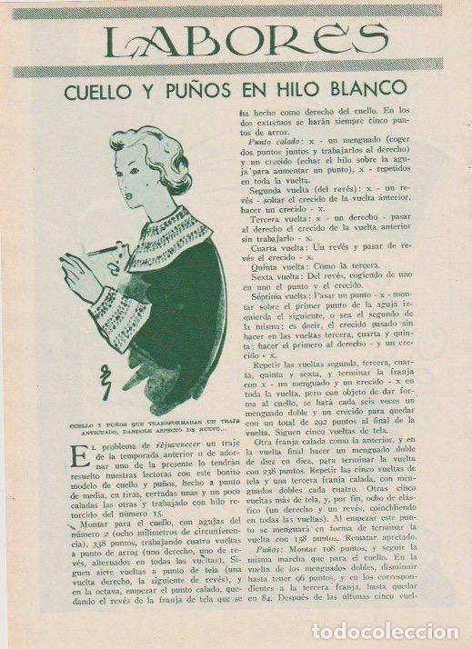 Coleccionismo de revistas y peri&oacute;dicos: * LABORES * Cuello y pu&ntilde;os en hilo blanco / Knitted - 1935
