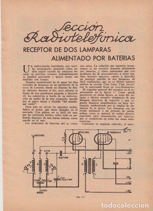 Coleccionismo de revistas y peri&oacute;dicos: * RADIO * Receptor de dos l&aacute;mparas alimentado por baterias ; receptor en las motocicletas - 1935