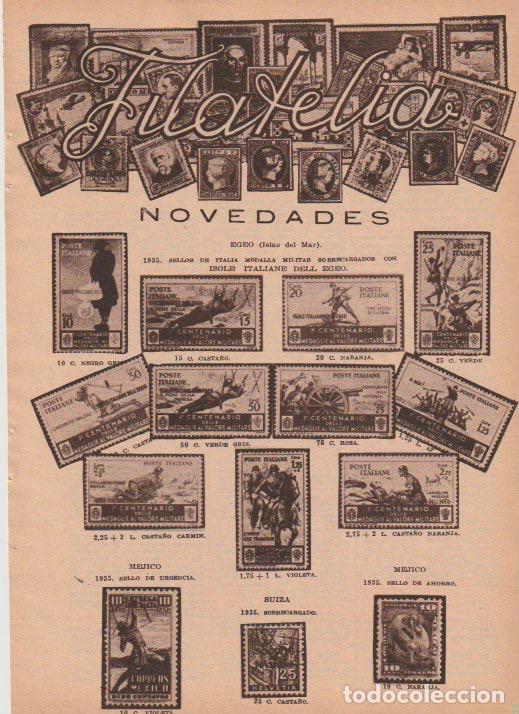 Coleccionismo de revistas y peri&oacute;dicos: * FILATELIA * Novedades Isole dell Egeo; bolsa del sello; Guilio Tedeschi; defectos Espa&ntilde;a - 1935