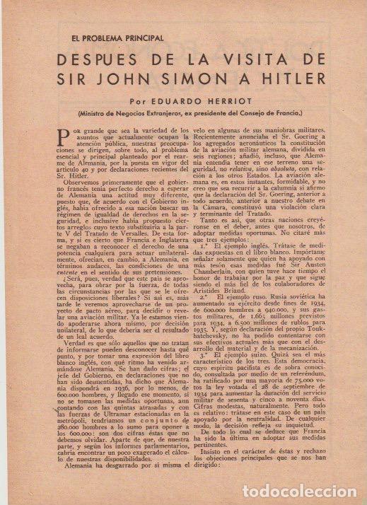 Coleccionismo de revistas y peri&oacute;dicos: * NAZISMO *Despu&eacute;s de la visita de Sir John Simon a Hitler / Eduardo Herriot - 1935
