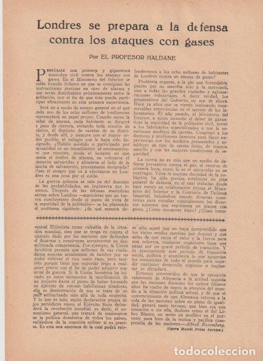 Coleccionismo de revistas y peri&oacute;dicos: * GUERRA QU&Iacute;MICA *Londres se prepara a la defensa contra ataques con gases / profesor Haldane - 1935