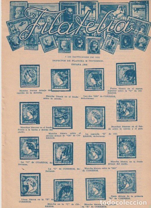 Coleccionismo de revistas y peri&oacute;dicos: * FILATELIA * Defectos de plancha e impresi&oacute;n Espa&ntilde;a 1866 y Filipinas 1864; bolsa del sello- 1935