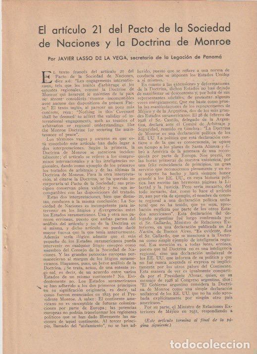 Coleccionismo de revistas y peri&oacute;dicos: El art&iacute;culo 21 del pacto de la Sociedad de Naciones y la doctrina de Monroe / Javier Lasso - 1935