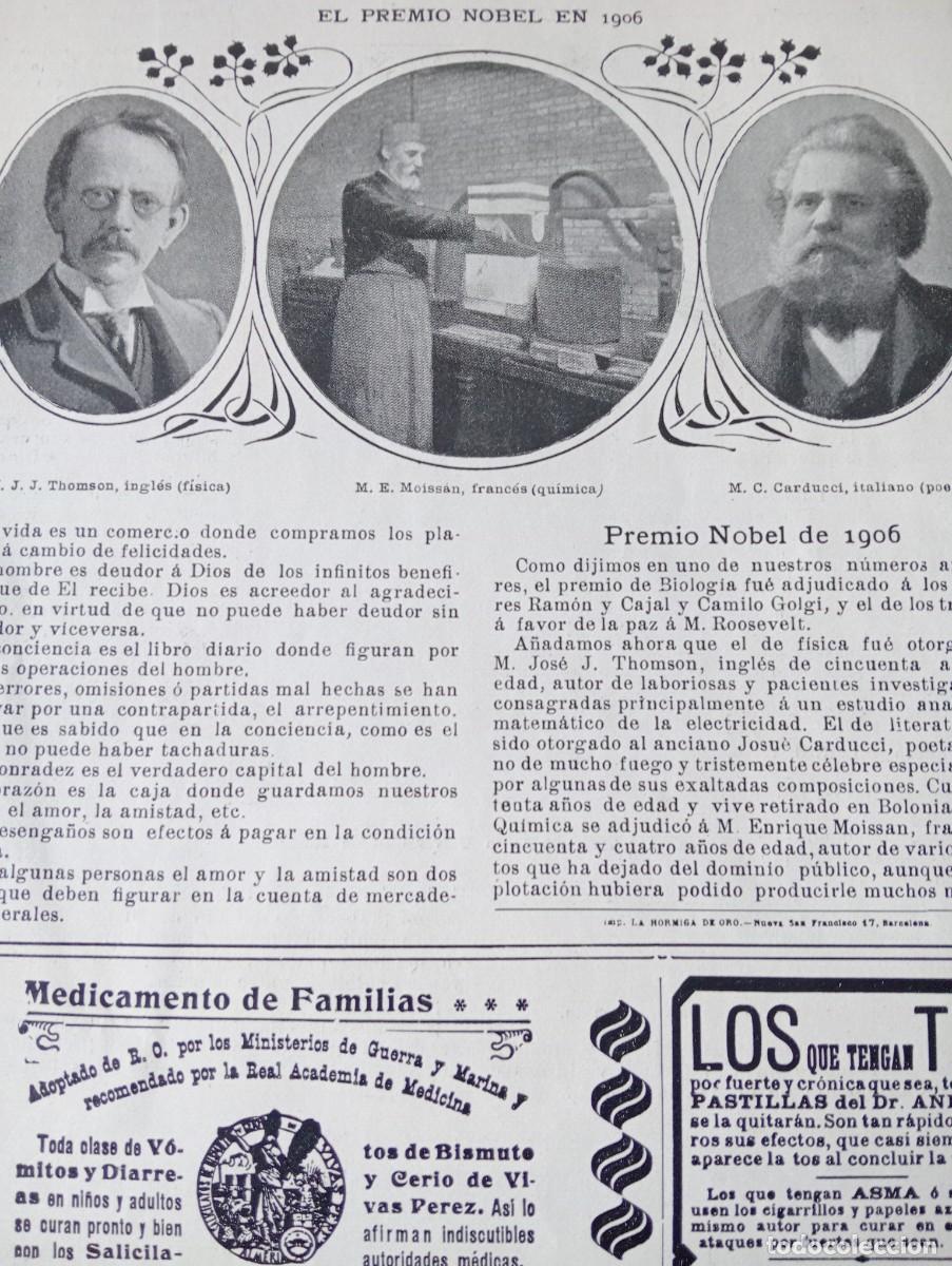 Coleccionismo de revistas y peri&oacute;dicos: REVISTA A&Ntilde;O 1906 PREMIO NOBEL FISICA M. THOMSON QUIMICA MOISSAN POESIA M. CARDUCCI