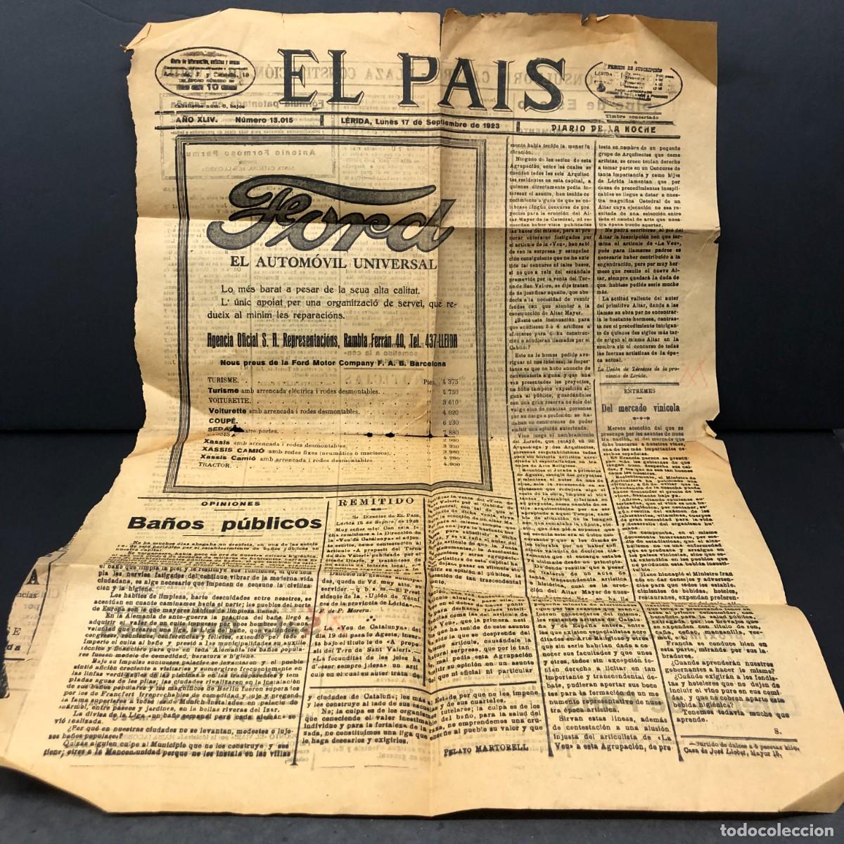 Coleccionismo de revistas y peri&oacute;dicos: ELPAIS - DIARIO DE LA NOCHE - L&Eacute;RIDA - 17 SEPTIEMBRE DE 1923 - P&Aacute;GINA - VER FOTOS / 5263
