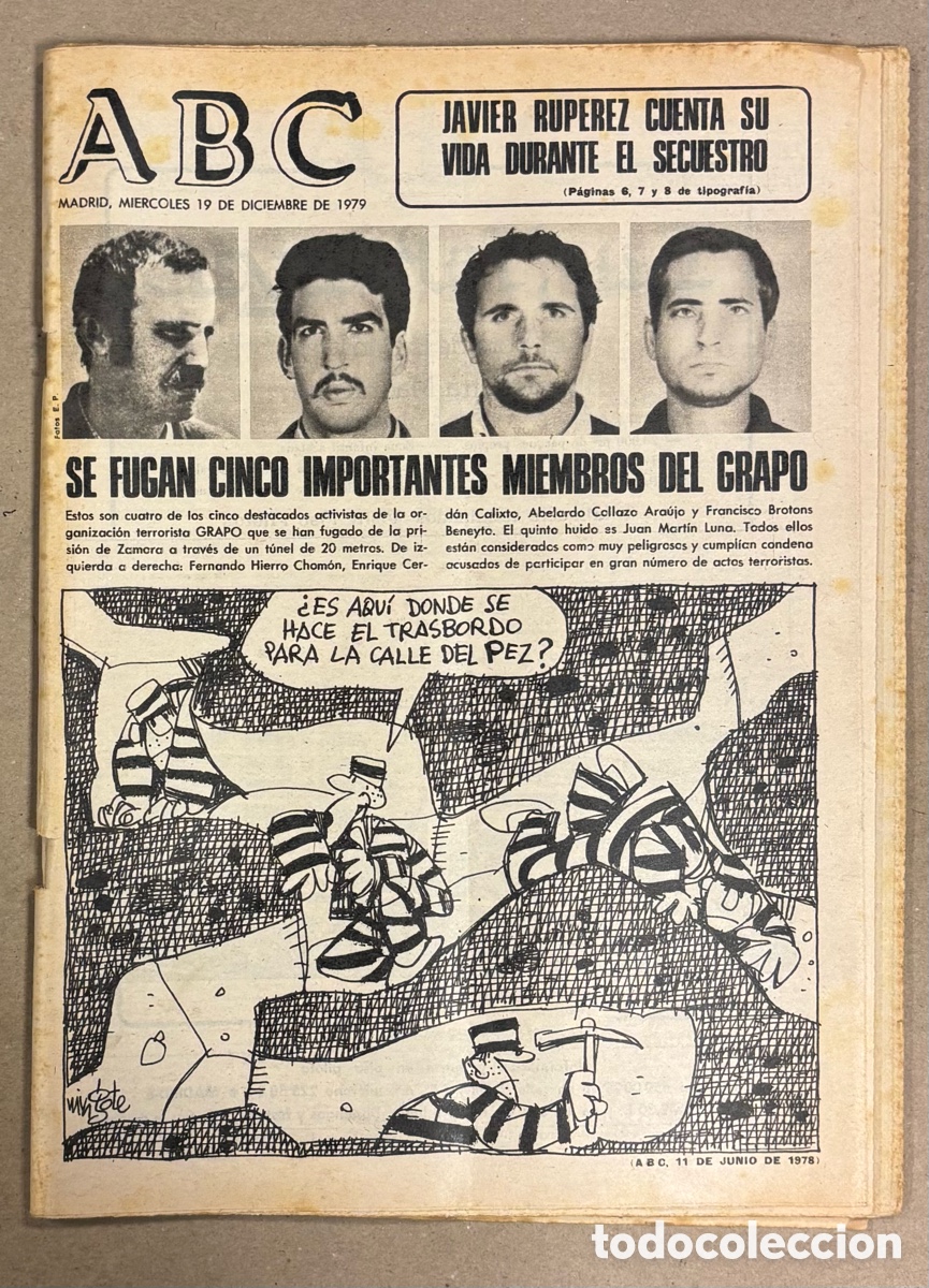 Coleccionismo de revistas y peri&oacute;dicos: ABC (19 DE FEBRERO DE 1979). Se FUGAN 5 MIEMBROS DEL GRAPO, JAVIER RUPEREZ CUENTA SU SECUESTRO