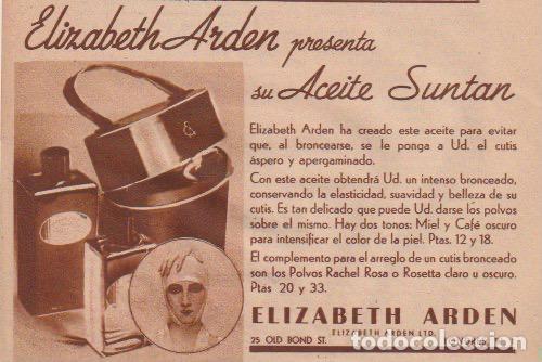 Coleccionismo de revistas y peri&oacute;dicos: Publicidad aceite Suntan de Elizabeth Arden -1935