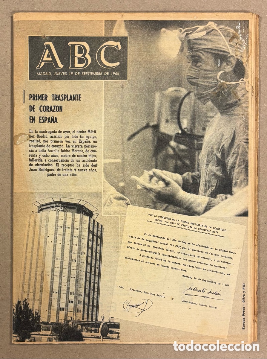 Coleccionismo de revistas y peri&oacute;dicos: ABC (19 DE SEPTIEMBRE DE 1968). PRIMER TRASPLANTE DE CORAZ&Oacute;N EN ESPA&Ntilde;A DOCTOR MART&Iacute;NEZ BORDI&Uacute;