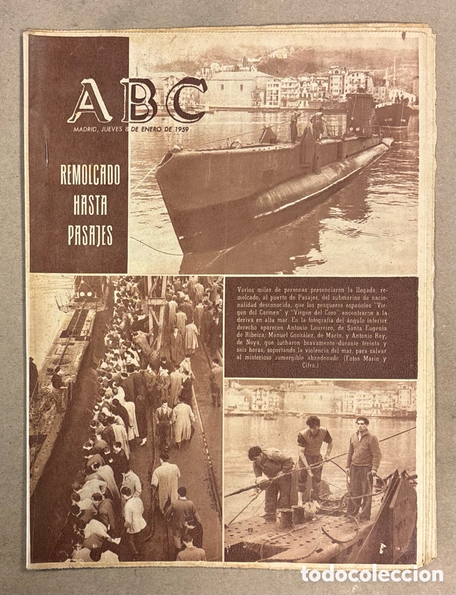Coleccionismo de revistas y peri&oacute;dicos: ABC (8 DE ENERO DE 1959). SUBMARINO REMOLCADO HASTA PASAJES POR PESQUEROS VIRGEN DEL CARMEN Y VIRGEN