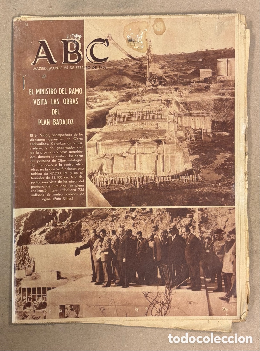 Coleccionismo de revistas y peri&oacute;dicos: ABC (25 DE FEBRERO DE 1958). EL MINISTRO DEL RAMO VISITA LAS OBRAS DEL PLAN BADAJOZ,&hellip;
