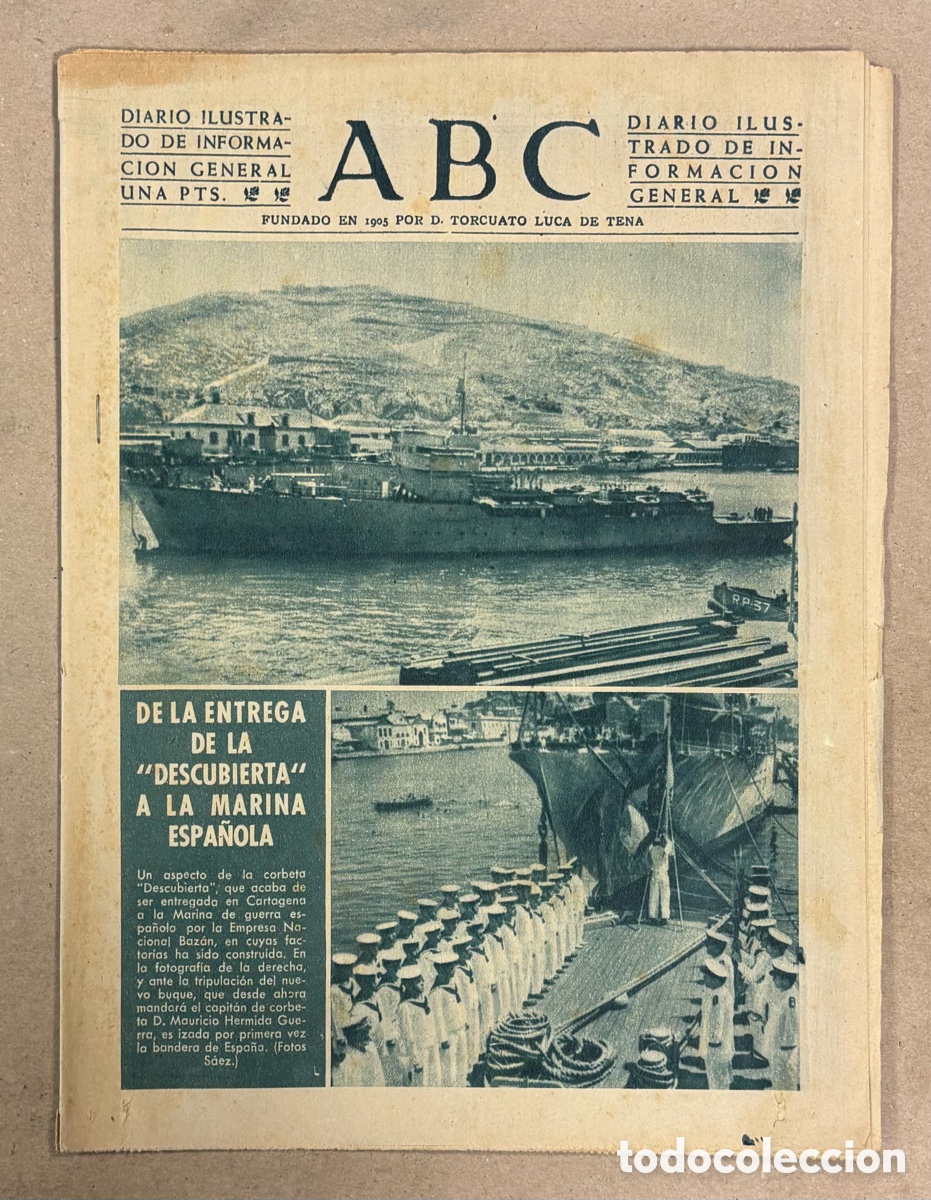 Coleccionismo de revistas y peri&oacute;dicos: ABC (23 AGOSTO 1954). ESTREGA CORBETA DESCUBIERTA A LA MARINA ESPA&Ntilde;OLA EN CARTAGENA BAZ&Aacute;N