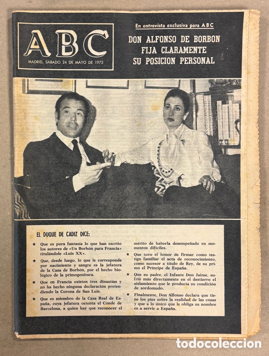 Coleccionismo de revistas y peri&oacute;dicos: ABC (24 DE MAYO DE 1975). DON ALFONSO DE BORB&Oacute;N DUQUE DE C&Aacute;DIZ FIJA SU POSICI&Oacute;N PERSONAL,..