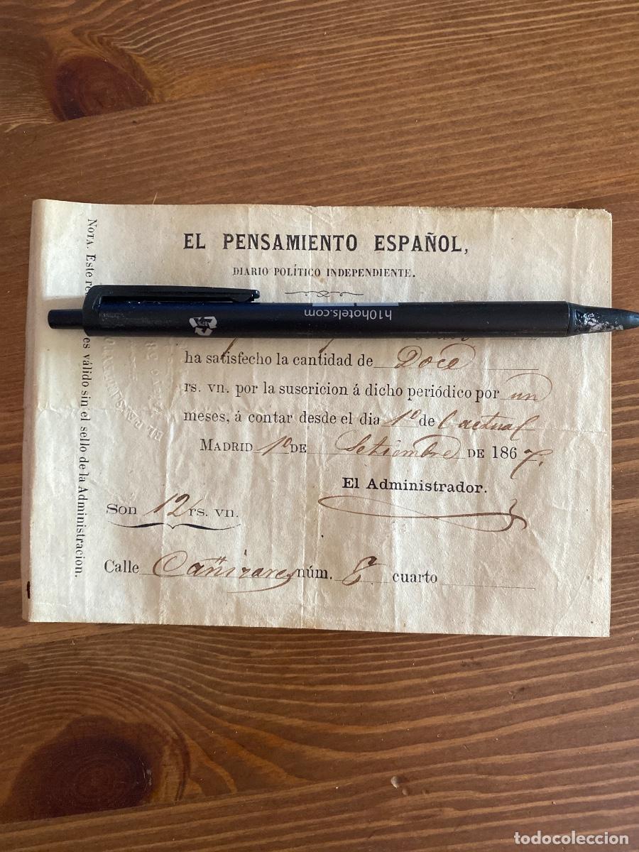 Coleccionismo de revistas y peri&oacute;dicos: EL PENSAMINETO ESPA&Ntilde;OL RECIBO DE SUSCRIPCION MENSUL DIARIO POLITICO INDEPENDIENTE 1867