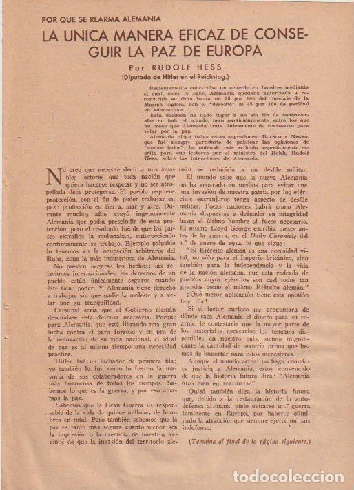 Coleccionismo de revistas y peri&oacute;dicos: * NAZISMO * La &uacute;nica manera eficaz de conseguir la paz en Europa / Rudrolf Hess - 1935