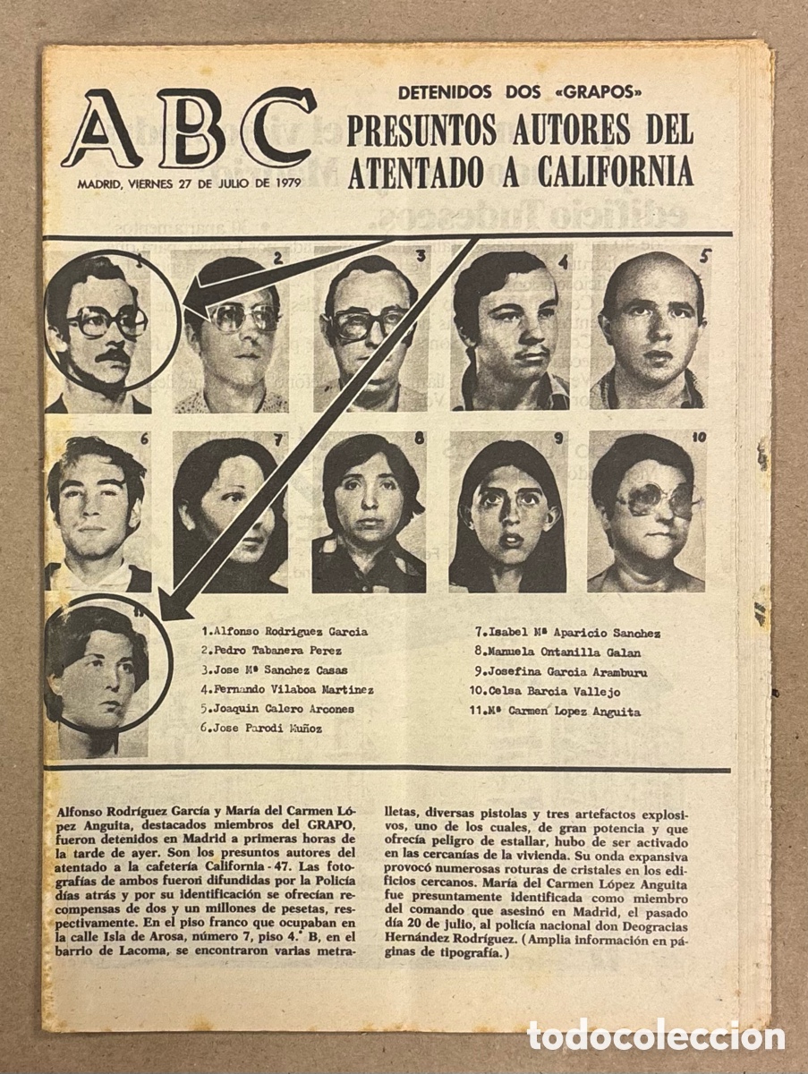 Coleccionismo de revistas y peri&oacute;dicos: ABC (27 DE JULIO DE 1975). DETENIDOS 2 GRAPOS PRESUNTOS AUTORES DEL ATENTADO CAFETER&Iacute;A CALIFORNIA