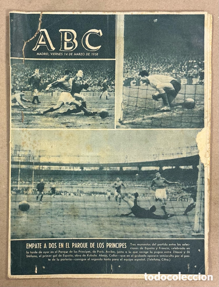 Coleccionismo de revistas y peri&oacute;dicos: ABC (14 DE MARZO DE 1958). FRANCIA Vs ESPA&Ntilde;A: EMPATE A DOS EN EL PARQUE DE LOS PR&Iacute;NCIPES,&hellip;