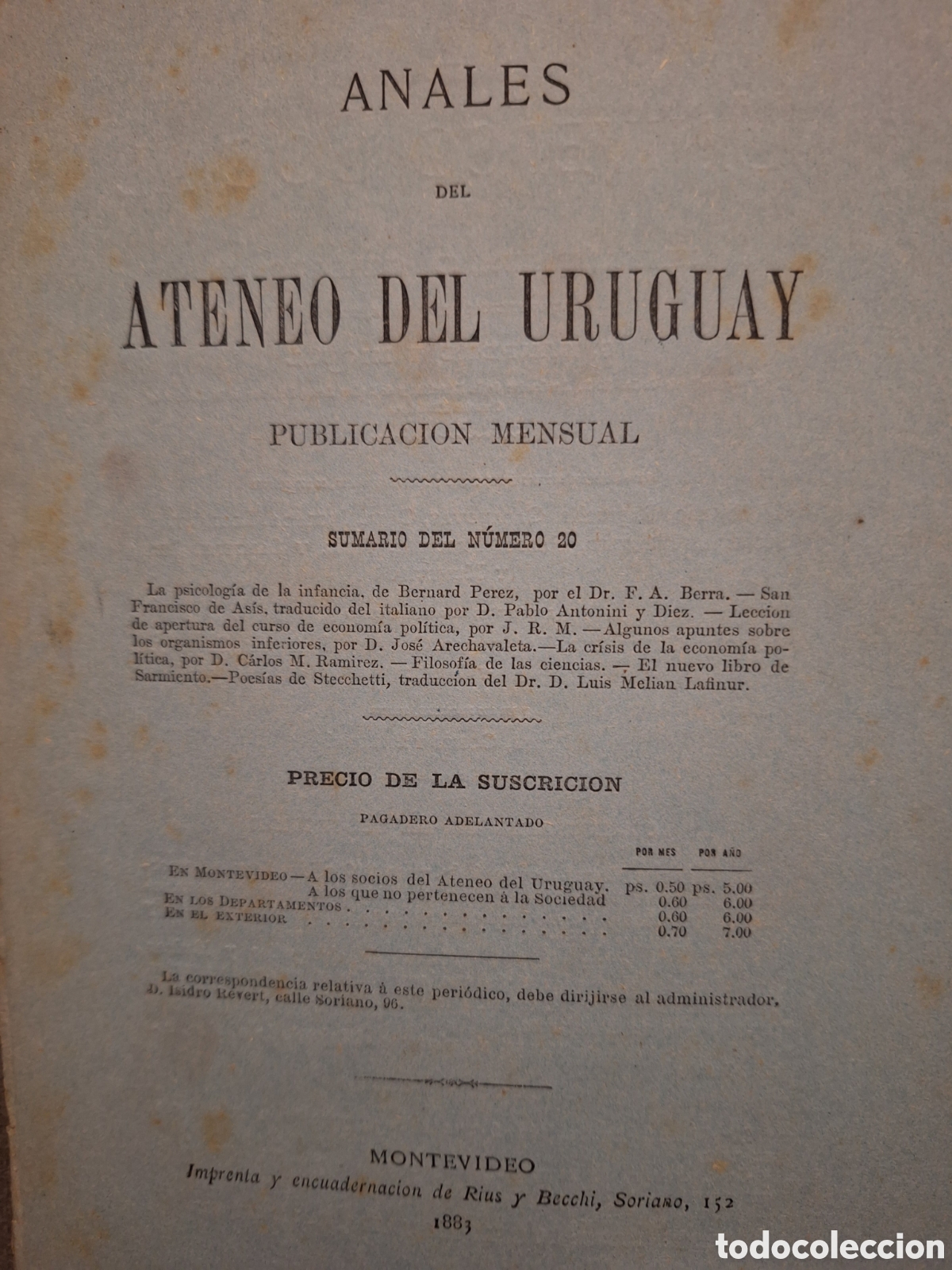 Coleccionismo de revistas y peri&oacute;dicos: ANALES DEL ATENEO DE URUGUAY No.20 A&Ntilde;O 1883 VER SUMARIO EN FOTO DE PORTADA URUGUAY