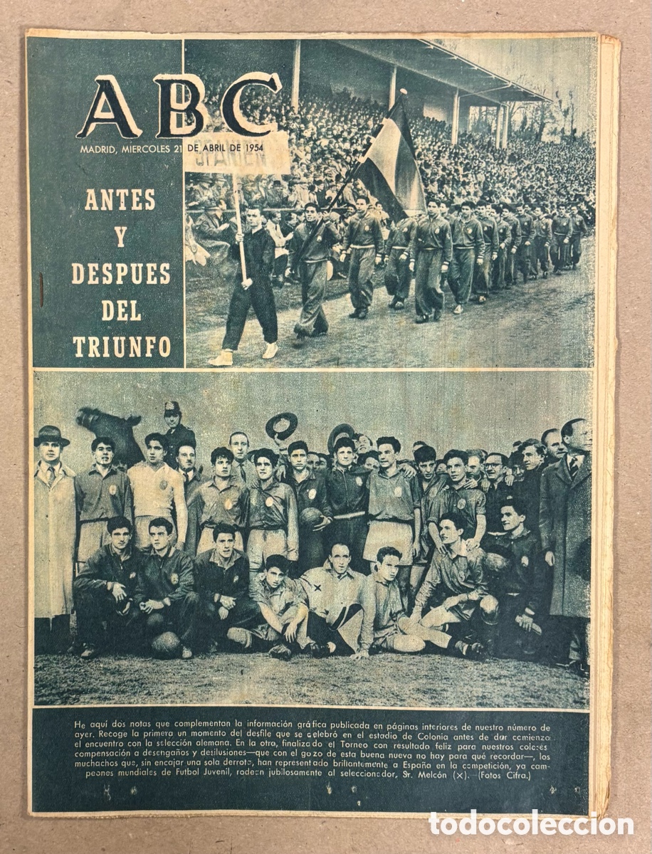 Coleccionismo de revistas y peri&oacute;dicos: ABC (21 DE ABRIL DE 1954). ESPA&Ntilde;A VENCE A ALEMANIA EN CAMEPONATO F&Uacute;TBOL JUVENIL,&hellip;