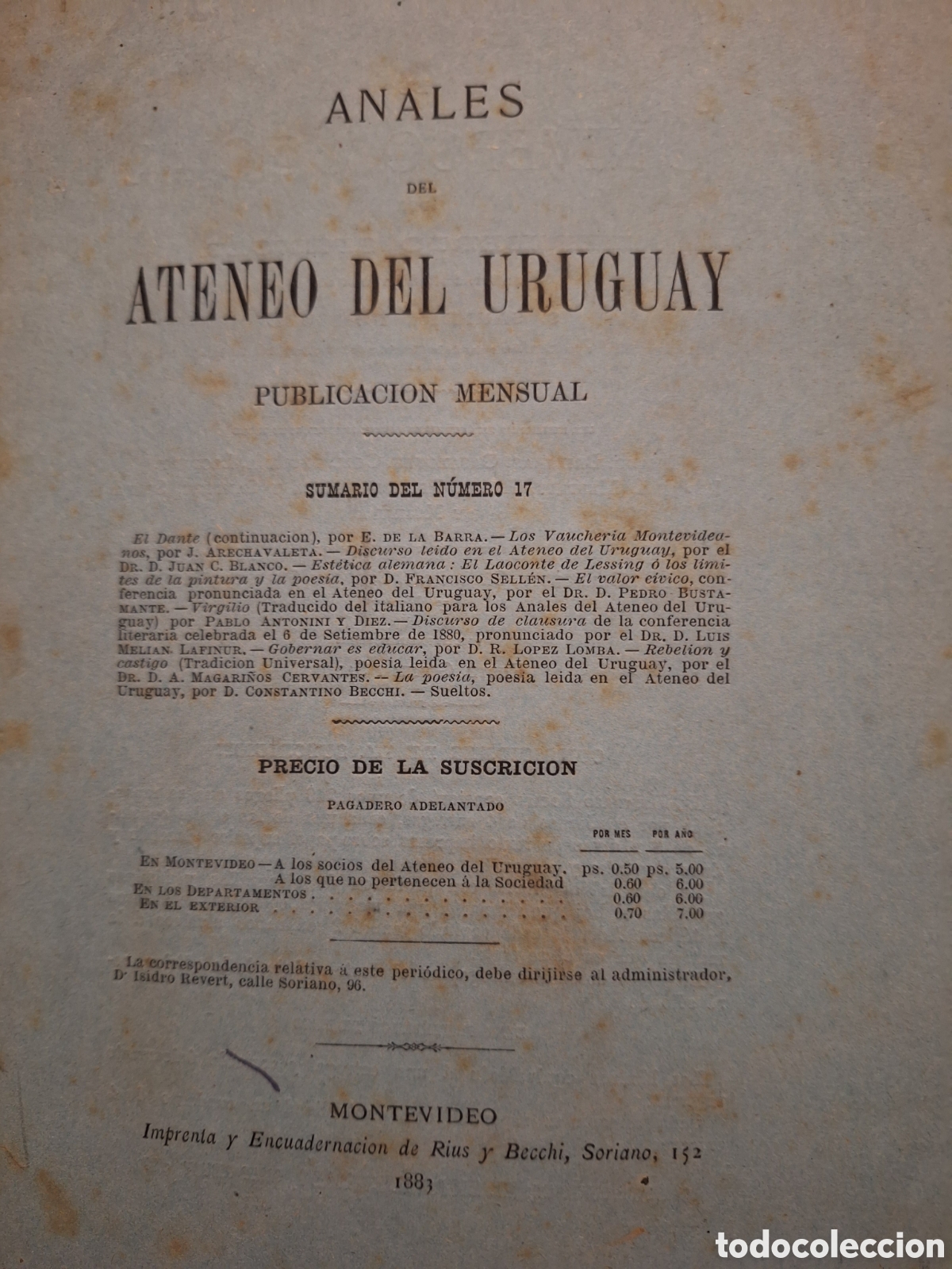 Coleccionismo de revistas y peri&oacute;dicos: ANALES DEL ATENEO DE URUGUAY No.20 A&Ntilde;O 1883 VER SUMARIO EN FOTO DE PORTADA URUGUAY