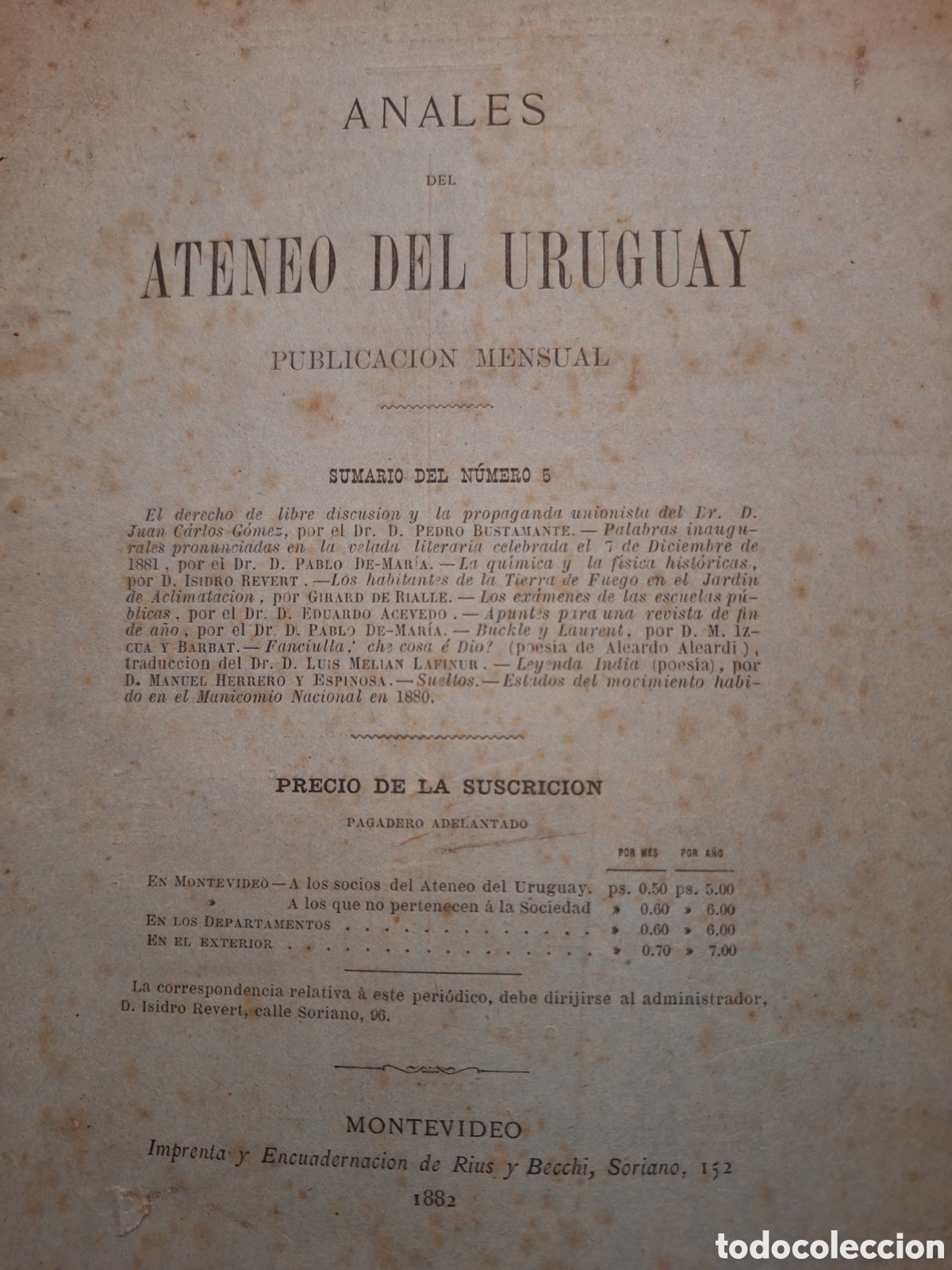 Coleccionismo de revistas y peri&oacute;dicos: ANALES DEL ATENEO DE URUGUAY No. 5 A&Ntilde;O 1882 DR ANGEL CANAVERIS Y HABITANTES FUEGUINOS