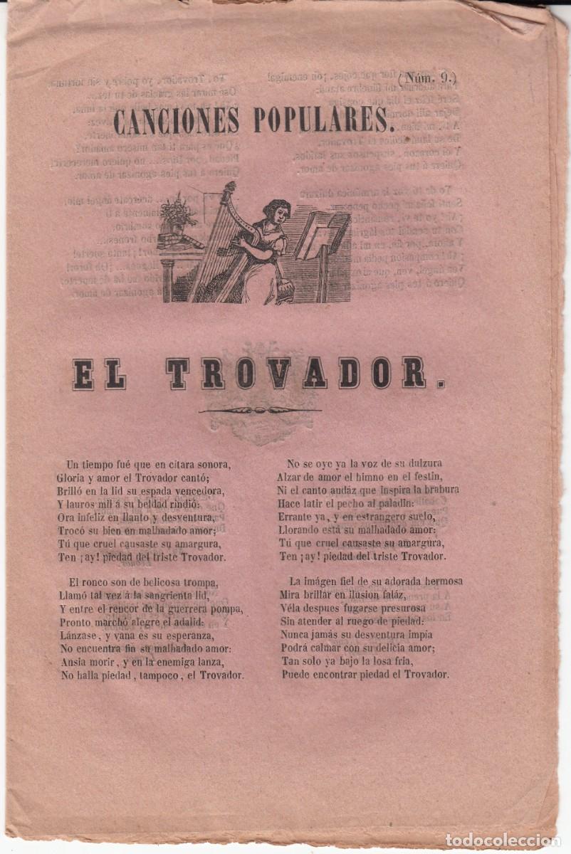 Coleccionismo de revistas y peri&oacute;dicos: PLIEGO DE CORDEL - ROMAN&Ccedil;OS - CANCIONES POPULARES - EL TROVADOR VALENCIA - 1857